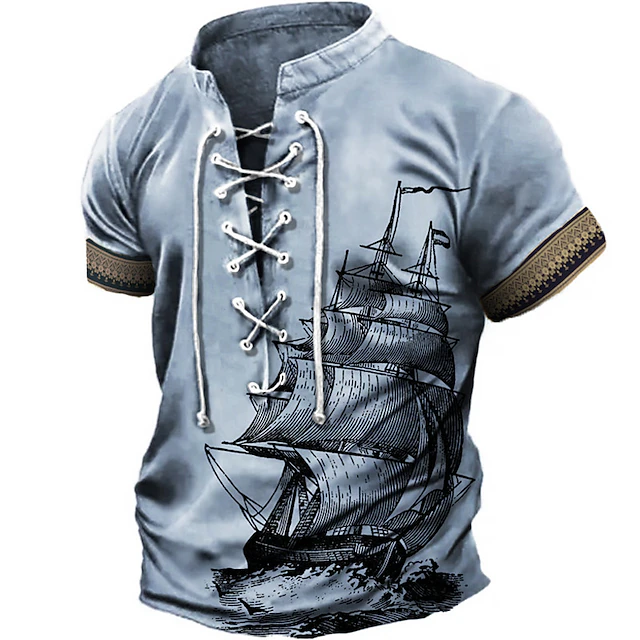 Men's T Shirt Graphic Ship Stand Collar Clothing Apparel 3D Print Daily Sports Going out Short Sleeve Lace up Print Polyester Vintage Fashion Designer 5