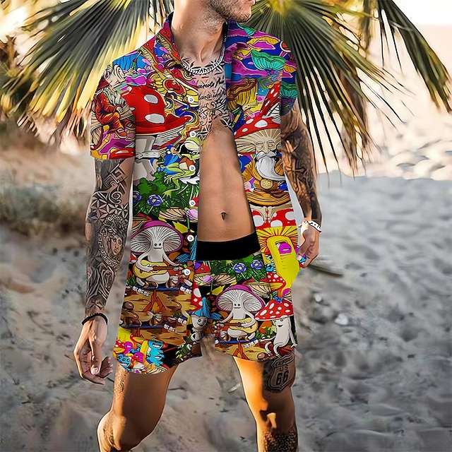  Hawaiian Shirt And Shorts Mens Graphic Set Summer Prints Mushroom Turndown Purple Outdoor Street Sleeves Clothing Apparel Fashion Mushrooms Colorful Beach Cotton