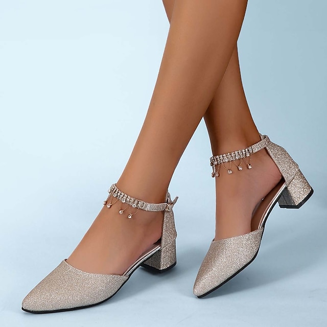  Dames trouwschoenen pumps bruidsmeisjesschoenen elegant dagelijks sexy club bling sprankelende schoenen goud zilver strass pailletten dikke hak puntige schoenen lente zomer feest