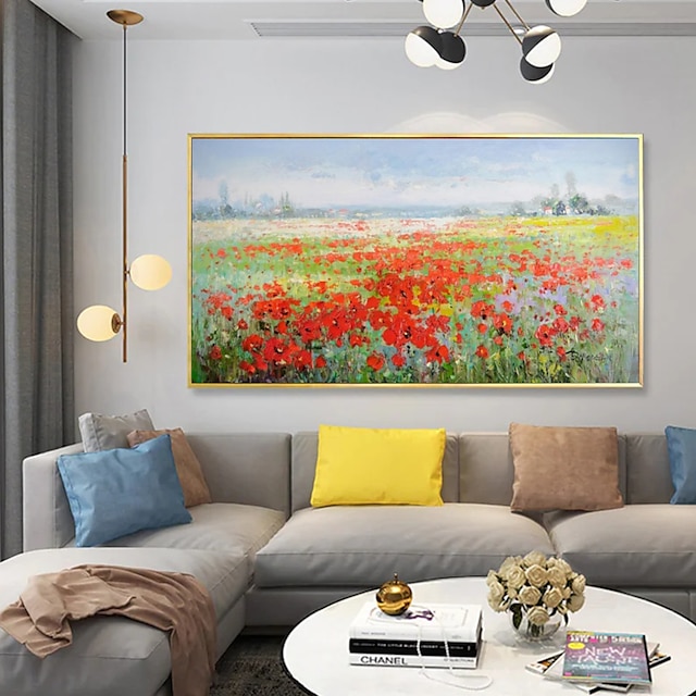  Handmade Oil Painting  canvas Wall Art Decoration  Drawing Knife Painting  Red flowers Scenery For Home Decor Rolled Frameless Unshi Painting