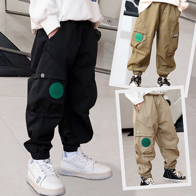 børn drenge cargo bukser med lomme grøn sort ensfarvet efterår forår aktiv afslappet bund 3-8 år