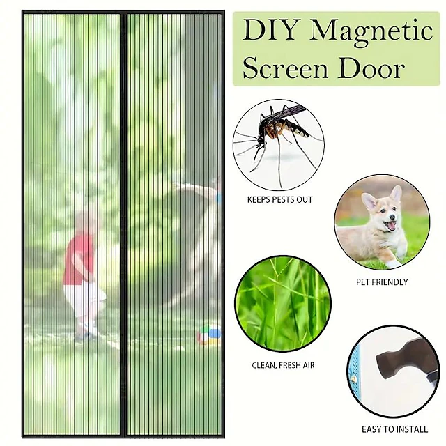 Magnetic Screen Door,Fly Insect Door Screen Magnetic Closure, Magnetic Door Screen Mesh Mosquito Protection for Convenient Entry, Keep Bugs Out Black 13