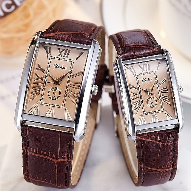  Unisex Fashion Watch Square Couple Roman Numerals Simple Style Clock New Couple Men and Women Casual Leather Strap Quartz Couple Wristwatch