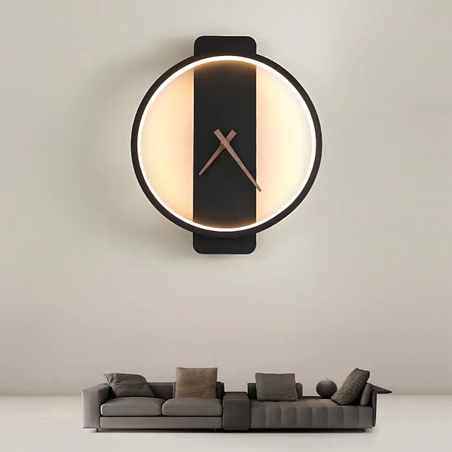  Lámpara de pared interior con reloj, lámpara de pared decorativa creativa, diseño de reloj real de 30 cm, accesorio de iluminación montado en la pared de metal para dormitorio, cabecera, pasillo, sala