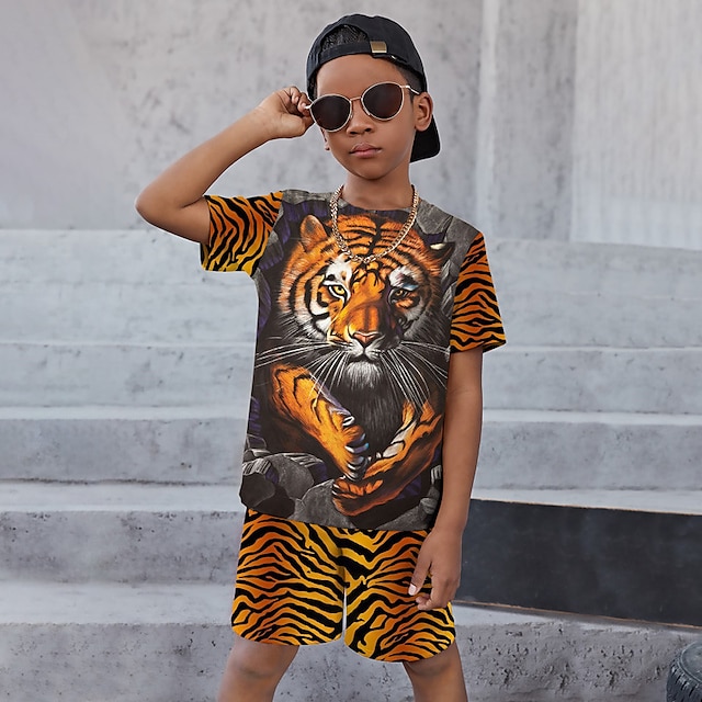  Boys 3D Graphic Animal Tiger T-shirt & Shorts T-shirt Set Clothing Set Short Sleeve 3D prints Summer Spring Active Sports Fashion Polyester Kids 3-13 Years Outdoor Street Vacation Regular Fit