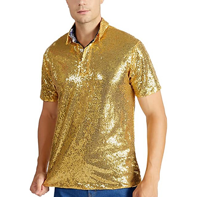 1970s Disco T-shirt Men's Short Sleeve Turndown Sparkle Sequins Polo ...