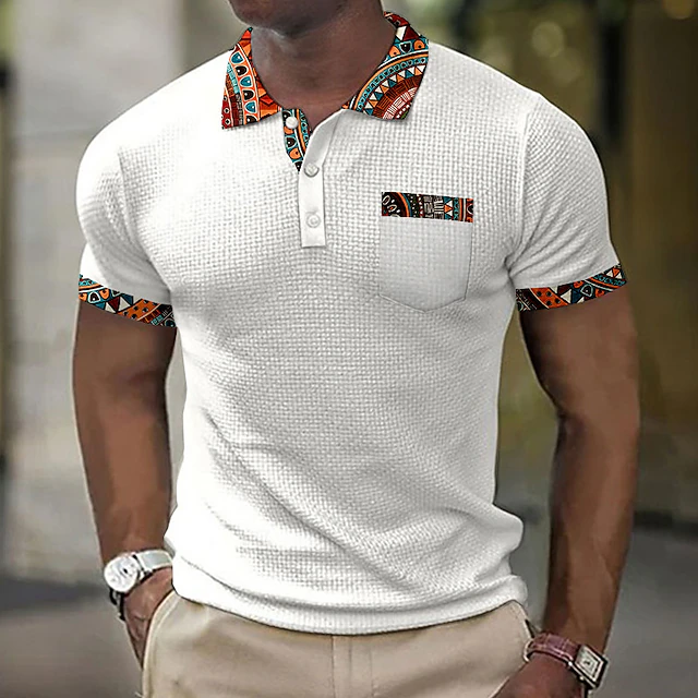 Men's Graphic Prints Vintage Geometry Waffle Polo Shirts Polo Shirts Lapel Polo Button Up Polos Golf Shirt Short Sleeve Shirt Turndown Outdoor Street Blue-Green Black White Blue Orange Print Clothing 7