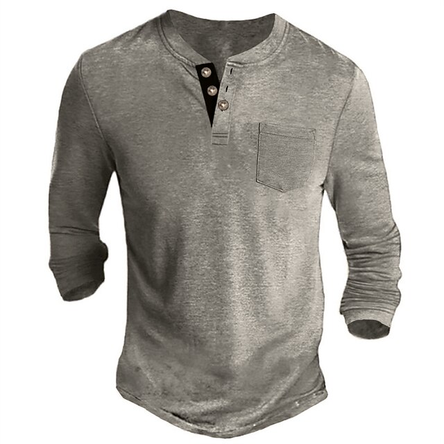 Men’s Long Sleeve Henley T-Shirt with Button Placket – Plain One-Piece Top