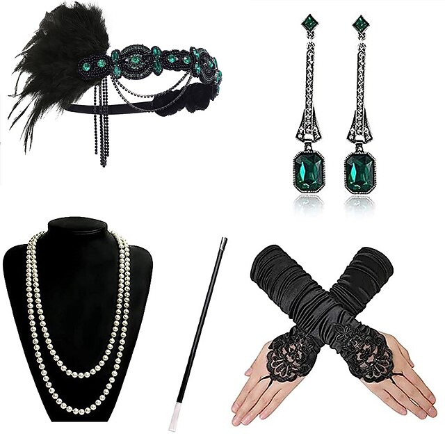 1920s Gatsby Accessories Set for Women Flapper Costume 20s Flapper Headband Pearl Necklace Gloves Plastic Holder3