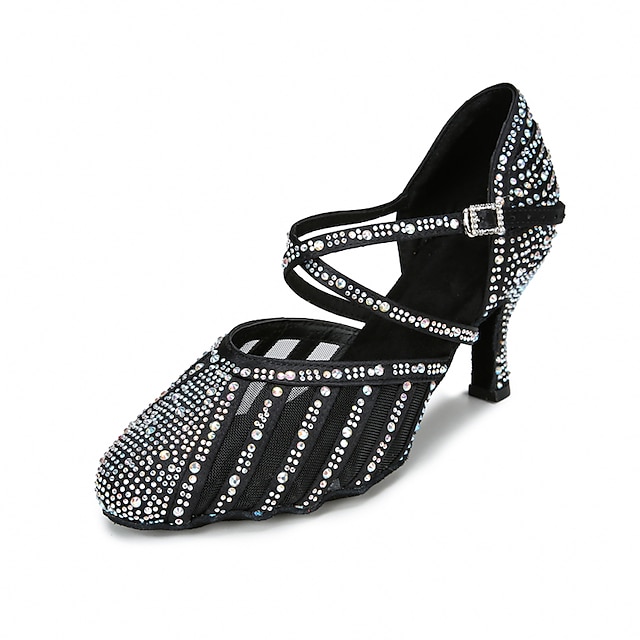  Women's Latin Dance Shoes Professional Sparkling Shoes Fashion Closed Toe Buckle Adults' Almond Black