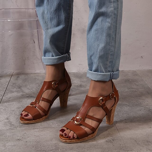 Women's Brown Strappy High Heel Sandals with Gold Ring Accents — free download