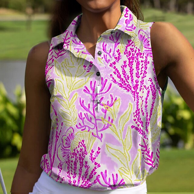  Acegolfs Dame POLO Trøje Golftrøje Button Up Polo Lys pink Blå Lilla Uden ærmer Golftøj Toppe Blomstret Dame golf påklædning Tøj Outfits Bær tøj