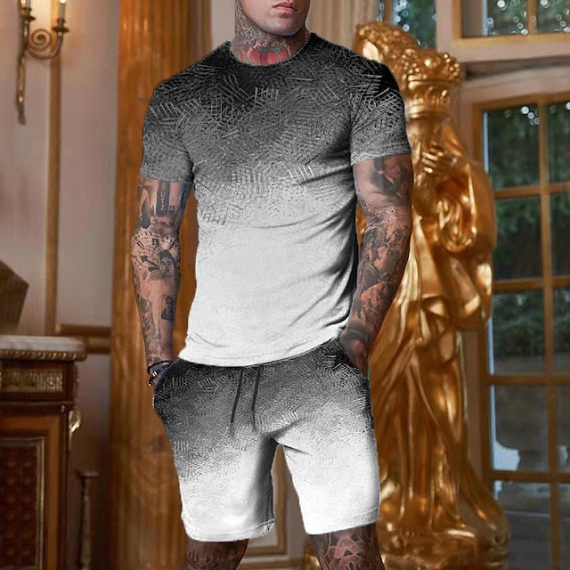  Herre Grafisk Gradert 2stk T-skjorter sett Shorts og T-skjorte sett T-skjorte antrekk T-skjorte i dobbel farge Kortermet Crew-hals Designer Fritid Bekvem utendørs Feriereise Daglig 3D-utskrift 2 deler