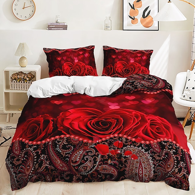  2Pcs/3Pcs Rose Flower Vintage Valentine‘S Day Wedding Collection Two Piece Quilt Set Three Piece Set Includes One Quilt Cover 1 Or 2 Pillow Covers Bedding Set