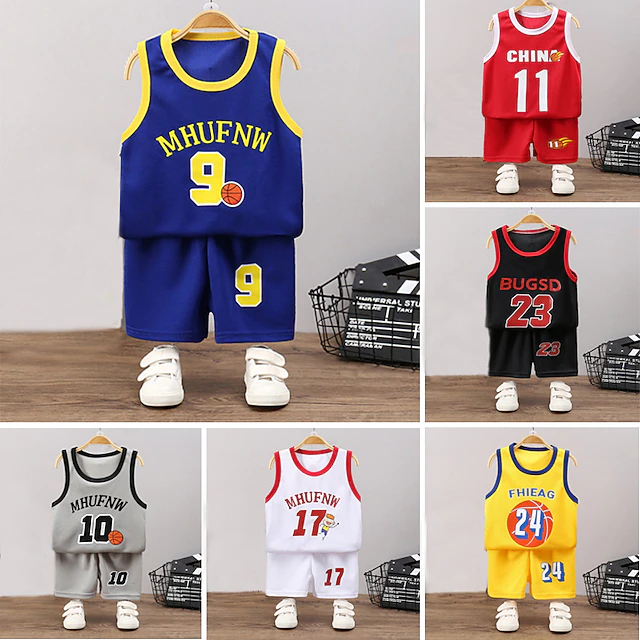 2 Pieces Kids Boys Tank & Shorts Outfit Cartoon Number Letter Sleeveless Crewneck Cotton Set Outdoor Sports Cool Summer Spring 7-13 Years Black White Yellow 11