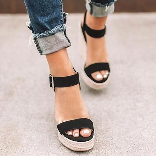  Women's Sandals Daily Beach Wedge Sandals Espadrilles Ankle Strap Sandals Summer Wedge Heel Sexy Casual Ankle Strap PU Synthetics Solid Color Black White Brown