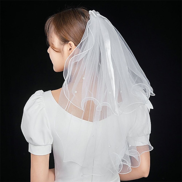  Two-tier Personalized / Pearls Wedding Veil Elbow Veils with Faux Pearl / Satin Bow Tulle