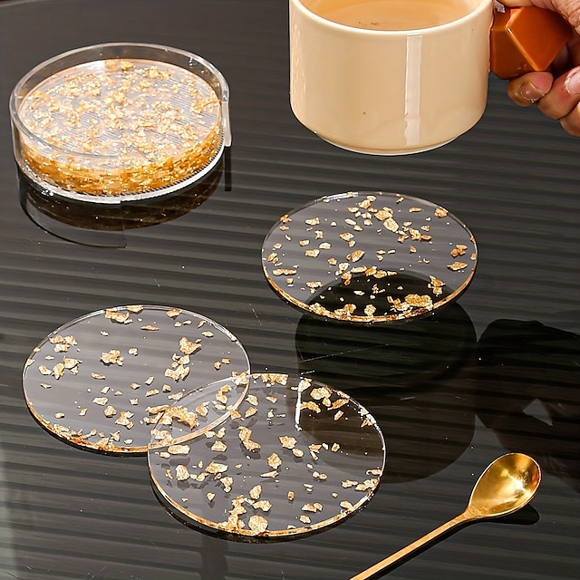  akrylový kulatý podtácek s držákem, čiré zlaté fóliové podložky, 6 podložek 1 úložný kryt, dekorace na stůl, párty podložka, dárek k dekoraci domácnosti