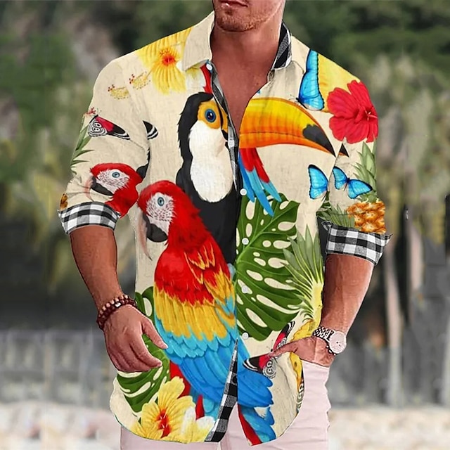  Voor heren Geometrie Papegaai Overhemd Hawaiiaans overhemd Aloha-shirt Lange mouw Overhemd Opstaand Modieus Streetwear Ontwerper Buiten Straat Casual Blauw-Groen Zwart Geel S M L