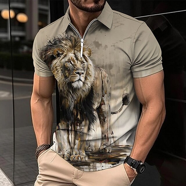 Men's Lion Zip Polo Shirts Golf Shirt Short Sleeve Polo Shirts Collared Shirts Casual Funny Streetwear Vacation Wear Party Outfits 3D Print Quarter Zip Polo Black White Yellow 7