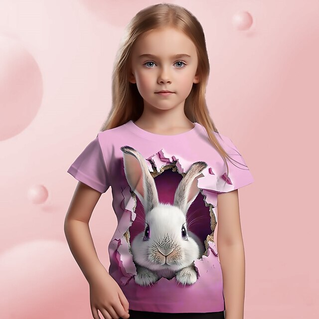Girls' 3D Graphic Cartoon Rabbit T shirt Tee Short Sleeve 3D Print