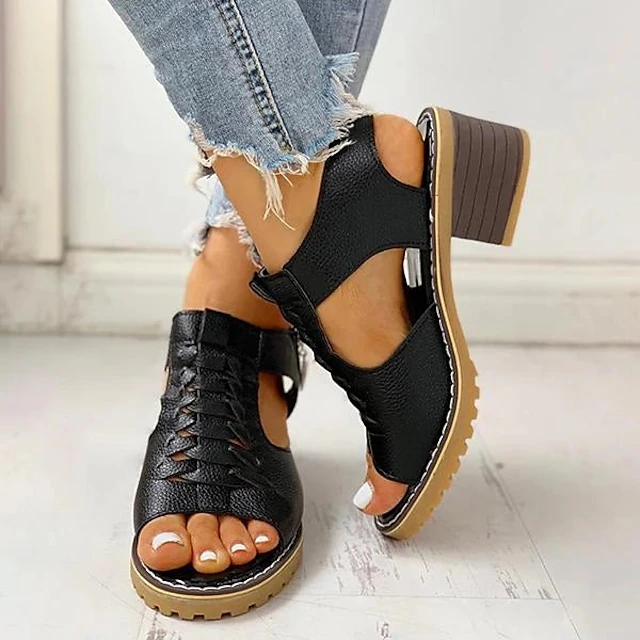 Women's Sandals Block Heel Sandals Daily Beach Solid Color Solid Colored Summer Block Heel Low Heel Peep Toe Casual PU Leather PU Zipper Black White Beige 6