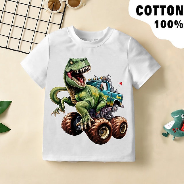 Jungen 3D Graphic Auto Dinosaurier T-Shirt Kurzarm 3D-Druck Sommer Frühling Aktiv Sport Modisch 100% Baumwolle kinderkleidung 3-12 Jahre Outdoor Casual Täglich Regular Fit