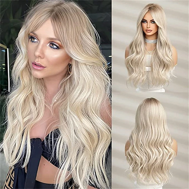 Barbiecore Movie Wigs Long Blonde Wigs with Bangs for WomenSynthetic Wavy Hair Wig with Dark Roots 24