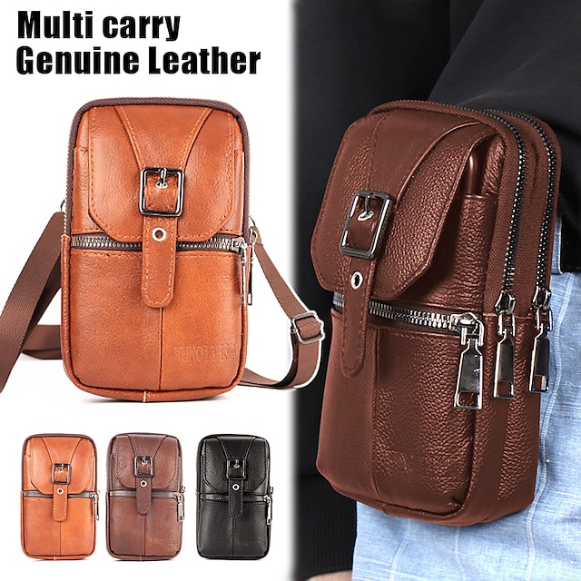  Men's Crossbody Bag Shoulder Bag Belt Bag Cowhide Outdoor Daily Zipper Large Capacity Waterproof Lightweight Solid Color Red-brown Brownish yellow Black