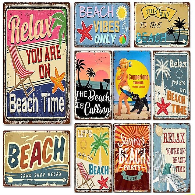 1pc Beach Metal Tin Sign Summer Beach Tin Sign Vintage Beach Signs Wall ...