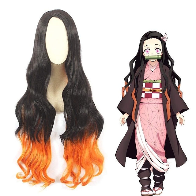  鬼滅の刃 竈門禰豆子 コスプレウィッグ、アニメウィッグ、女性と女の子用ウィッグキャラクターウィッグ、ロングウェーブウィッグ（黒&オレンジ）ハロウィンウィッグ