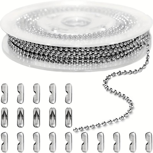  Rolo de corrente de bola de aço inoxidável prateado de 5 m 2 mm para colares de cachorro de contas, suprimentos de produção de joias militares masculinas, chaveiro com zíper DIY pulseira artesanal - com 20 conectores
