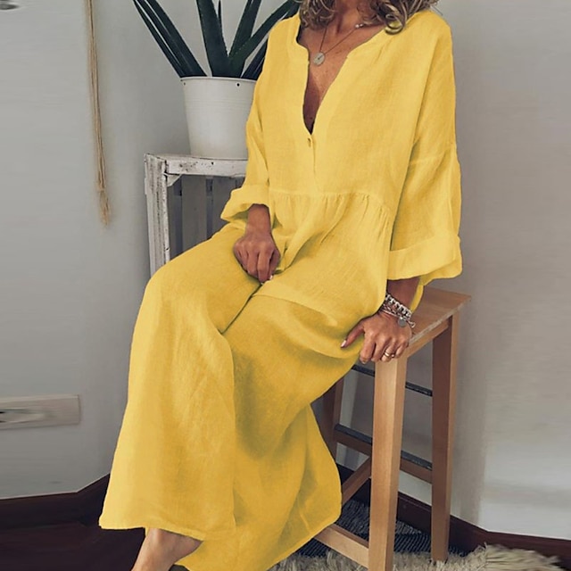  Femmes Noir Blanche Jaune Printemps Automne Hiver Robe maxi Robes inspirées du lin Robe Blanche Robe Chemise Occasionnel Robe d'Hiver Vacances Quotidien Coupe Ample Uni Couleur Unie Col en V Col fendu