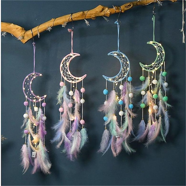  1 peça apanhador de sonhos, padrão de lua de gato, penas de miçangas, apanhador de sonhos, decoração de parede para pendurar em casa, enfeite para quarto de criança