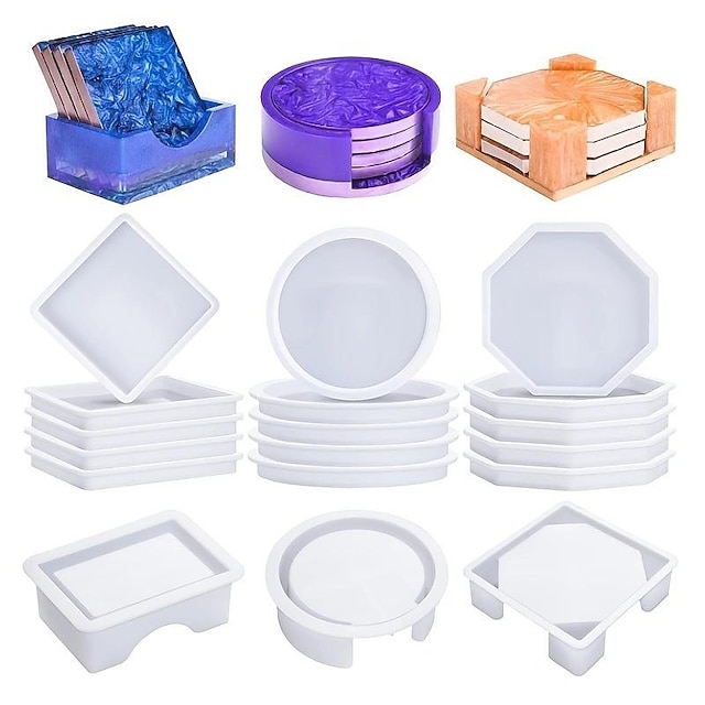 4pc Coaster Resin Molds Silicone, Coaster Molds With Round Square Octagon Shape Holder Molds