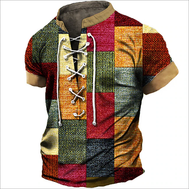 Men's T Shirt Graphic Color Block Plaid / Check Stand Collar Clothing Apparel 3D Print Daily Sports Going out Short Sleeve Lace up Print Polyester Vintage Fashion Designer3