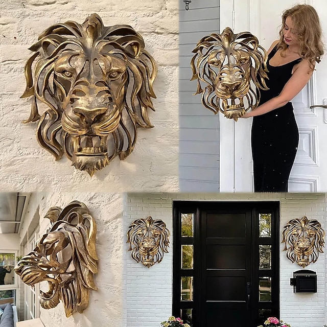  Resin Lion Head Sculpture Animal Wall Decor Art, Handmade Farmhouse Lion Wall Decor Sculpture Housewarming Decorations Gift