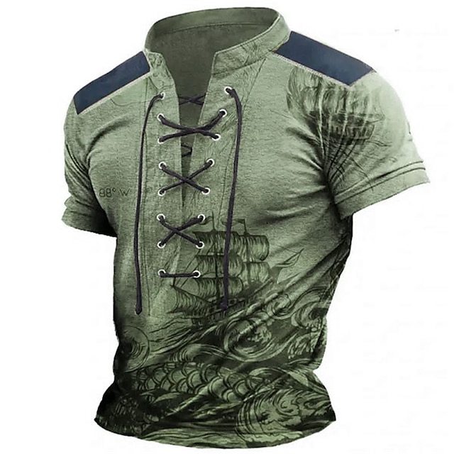  Herr T-shirt Henleytröja Grafisk Skepp Hög krage Kläder 3D-tryck Dagligen Sport Kortärmad Spetsknuten Mönster Mode Designer Vintage