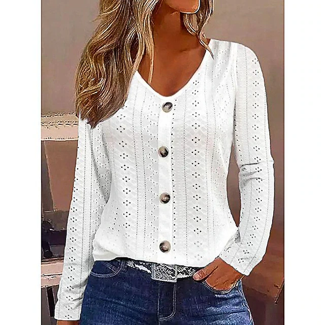 Women's White Elegant Lace Tops Eyelet Blouse Dressy Tops Fashion Basic Buttons Long Sleeve Regular Tops V Neck Casual Romantic Petite Tops Summer Holiday Wear White Light Green Light Blue Fall 7