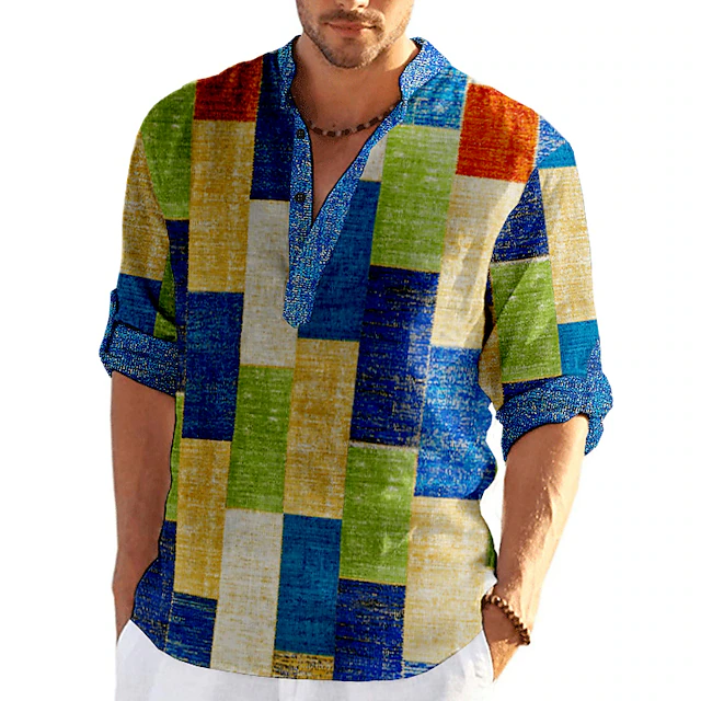 Patterned Shihrt Men's Plaid / Check Patchwork Geometric Pattern Shirt Button Up Shirt ...