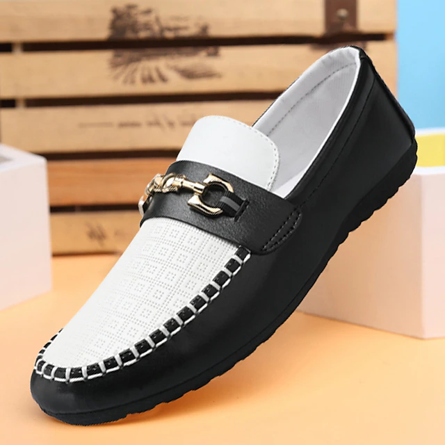 Men's Black and White Leather Loafers β Casual Slip-On Moccasins with Metal Buckle for Business and Driving 14