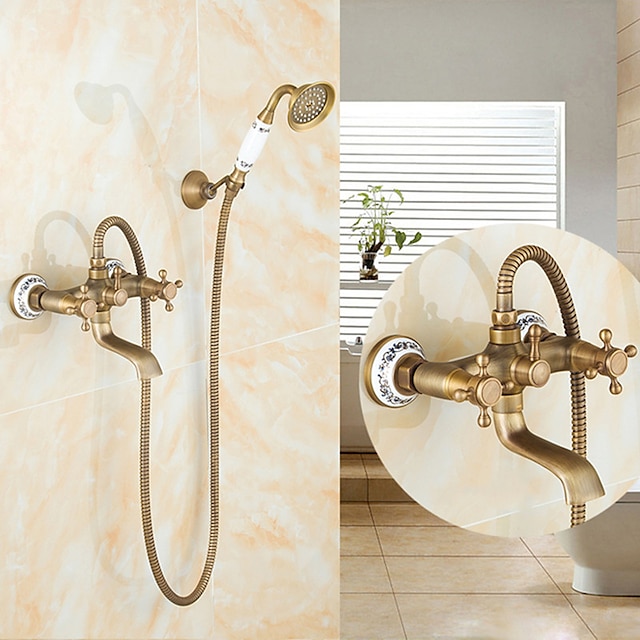  Traditional Shower System Faucet Set with Bathtub Spout with Heldhand Handshower Spray, Vintage Brass Dual Spout Wall Mounted Ceramic Mixer Valve
