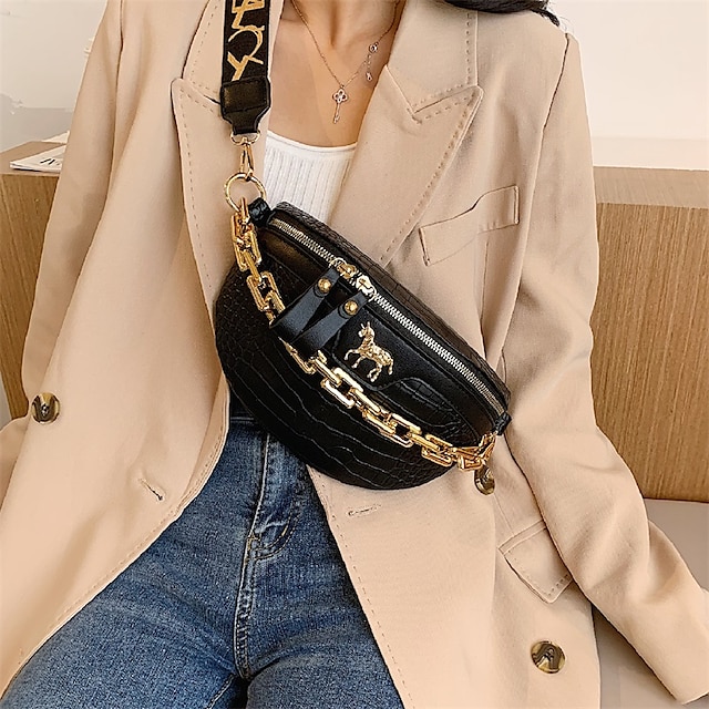  krokodýlí vzor fanny pack trendy taška do pasu na cesty & sportovní stylová náprsní taška z umělé kůže s řetízkovým dekorem