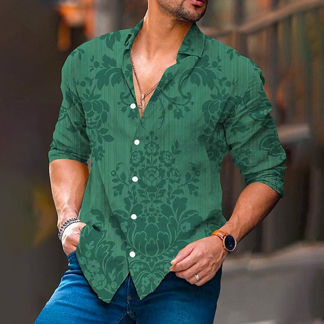  قميص رجالي رسوم بيانية زهرية أرجواني أخضر خارجي شارع كم طويل طباعة ملابس ملابس موضة ملابس الشارع مصمم كاجوال