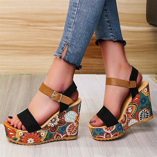 Summer Floral-decorated Platform Wedge Sandals