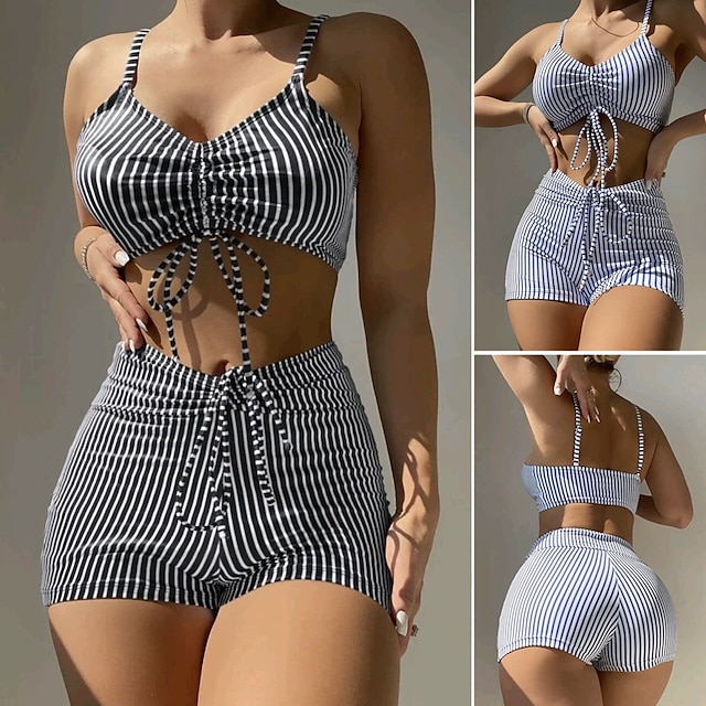  2 pcs Swimwear Bikini Swimsuits Y2K Women's Striped Polyester Black Blue Bra Briefs