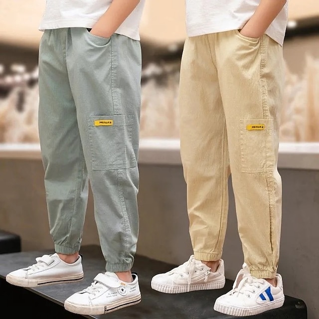  Boy Linen Pants Trousers Pocket Solid Color Breathable Soft Comfort Pants Outdoor Sports Daily Basic Black Green khaki Mid Waist