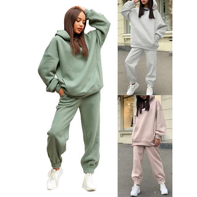  Women's Sweatsuit Activewear Set Yoga Set Winter Pocket Hooded Solid Color Tracksuit Green White Yoga Gym Workout Running Thermal Warm Sport Activewear / Athletic / Athleisure