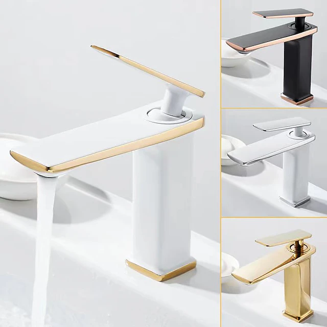 Bathroom Faucet Sink Mixer Basin Taps Deck Mounted, Monobloc Single Handle Cermaic Valve Washroom Taps with Cold and Hot Hose Black Golden White Chrome 23