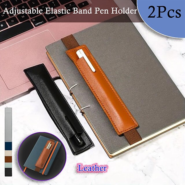 2pcs Leather Adjustable Elastic Band Pen Holder Pen Pouch For Planner